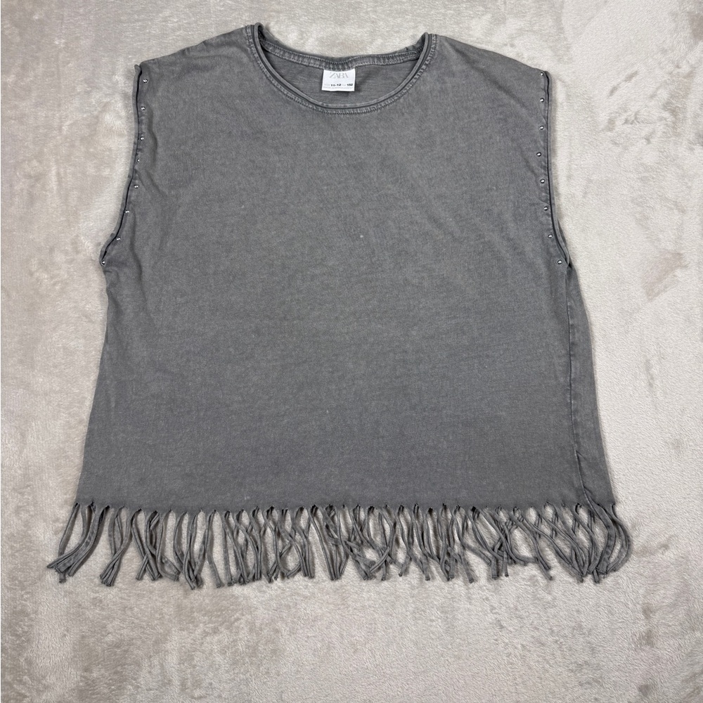 Zara Girls Boho Western Fringe Hem Studded Grey Lightweight Cropped Tank 11-12